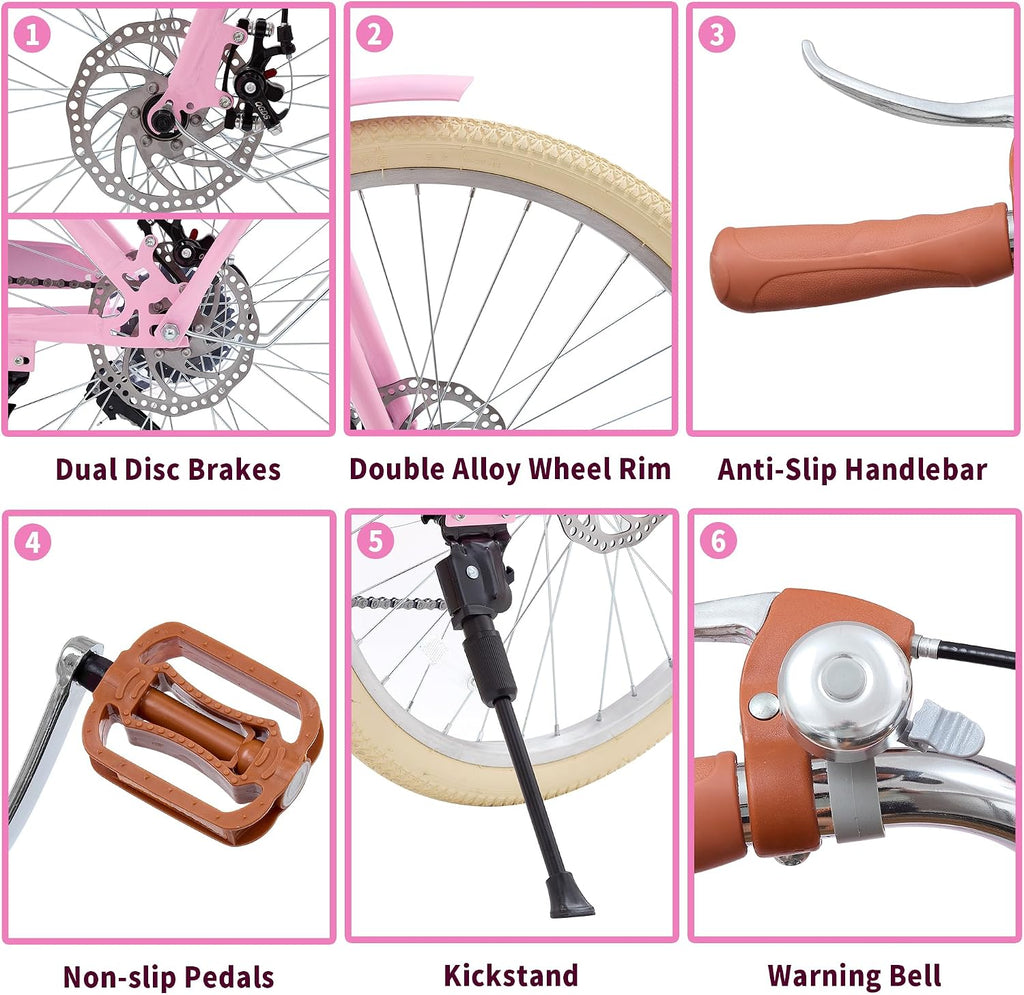 DEYGIA Kids Bike, Retro Cruiser Bike for Girls, 20 24 Inch 7-Speed Kids Bicycles for Ages 6-14 Girls Youth with Rattan Basket, Dual-Disc Brake Carbon Steel Frame Lightweight Bicycle, Multiple Colors