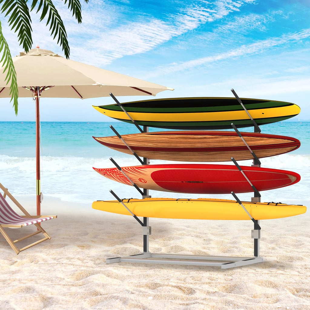 4-Tier Freestanding Surfboard Rack, Watersport Kayak and Kayaks Rack with Two Silicone Mat, Kayak Storage Rack for SUP, Surfboard, Paddle, Ski, Skateboards
