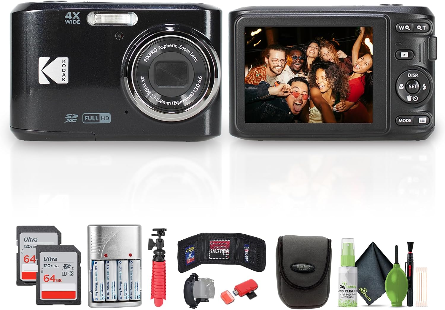 Kodak Pixpro FZ45 Digital Camera (Black) Bundle Including: 2X 64 GB Memory Card, Rechargeable Batteries, Camera Case, Flexible Tripod, Card Reader, Card Wallet, Hand Strap, Full Cleaning Kit