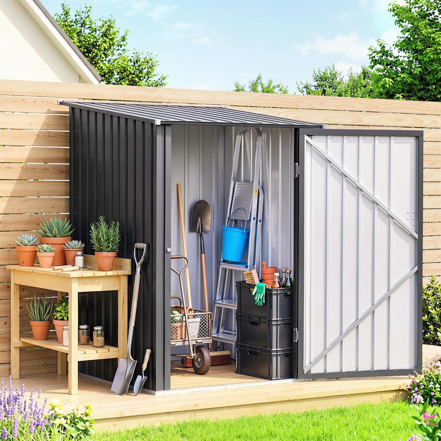 Outsunny 3.3' x 3.4' Outdoor Storage Shed, Metal Garden Tool House with Sloping Roof and Lockable Door for Backyard, Bike, Patio, Garage, Lawn, Gray
