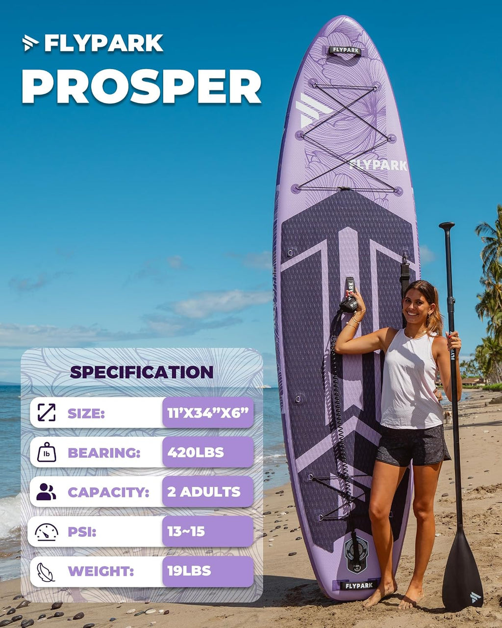 Flypark 11'x34 Inflatable Paddle Boards, Extra Wide SUP for 420lbs/3Adults, Yoga Stand Up Paddle Board, 110L Backpack, 15 D-Rings, Shoulder Strap, US-Fin, 2-Action Pump