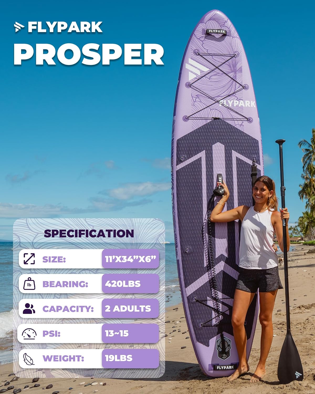 Flypark 11'x34 Inflatable Paddle Boards, Extra Wide SUP for 420lbs/3Adults, Yoga Stand Up Paddle Board, 110L Backpack, 15 D-Rings, Shoulder Strap, US-Fin, 2-Action Pump
