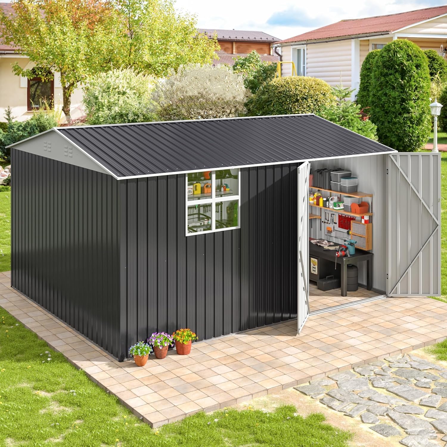 AirWire 12x10 FT Outdoor Metal Storage Shed with Window, Heavy-Duty Galvanized Steel Tool Shed with Lockable Doors, Waterproof Garden Shed for Backyard, Patio, Lawn, Black