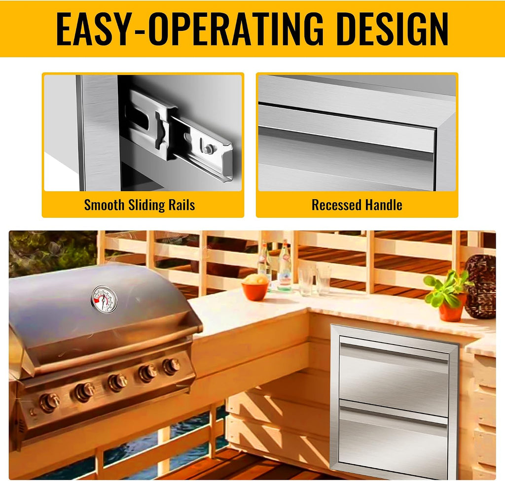 Outdoor Kitchen Drawers, 14W x 15H x 23D Stainless Steel Flush Mount BBQ Double Drawers for Outdoor Kitchen Island, or Patio Grill Station