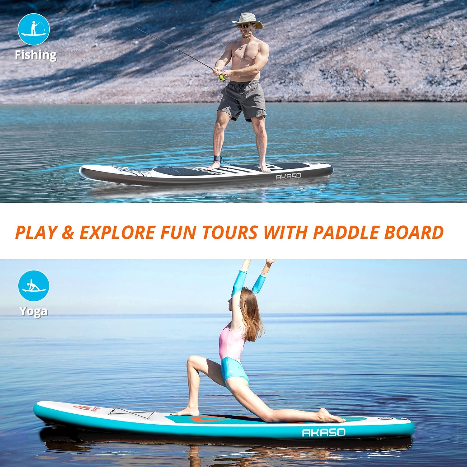 AKASO Inflatable Stand-Up Paddleboard, Yoga SUP with Backpack, Non-Slip Deck, Waterproof Bag, Leash, Floating Paddle and Hand Pump