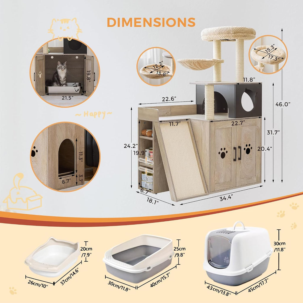 IRONCK Litter Box Enclosure with Cat Tree, 46' Hidden Litter Box with Sisal Scratching Ladder and Storage, Modular Wooden Litter Box Furniture with Condo and Platform, All-in-one Cat Tower, Greige