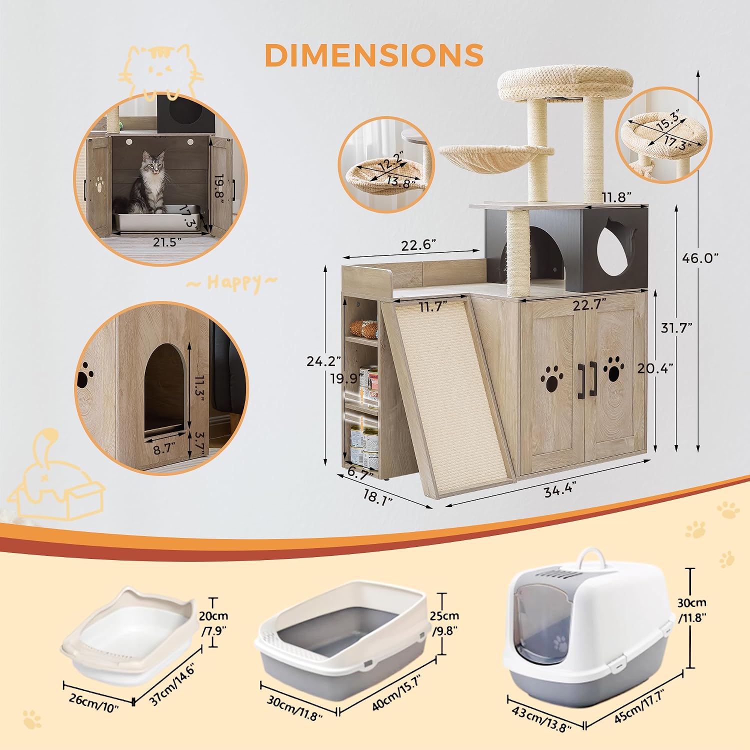 IRONCK Litter Box Enclosure with Cat Tree, 46' Hidden Litter Box with Sisal Scratching Ladder and Storage, Modular Wooden Litter Box Furniture with Condo and Platform, All-in-one Cat Tower, Greige