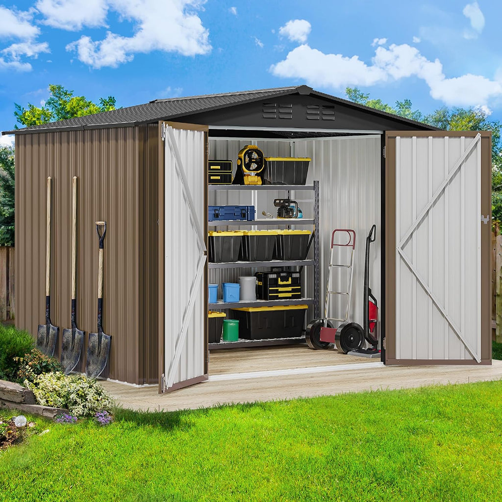 DWVO 8'x6' Large Metal Outdoor Storage Shed, Heavy Duty Tool Storage Sheds for Backyard Patio Lawn - Ideal for Bicycles, Garden Tools, and Lawn Equipment, Easy-to-Assemble, Brown