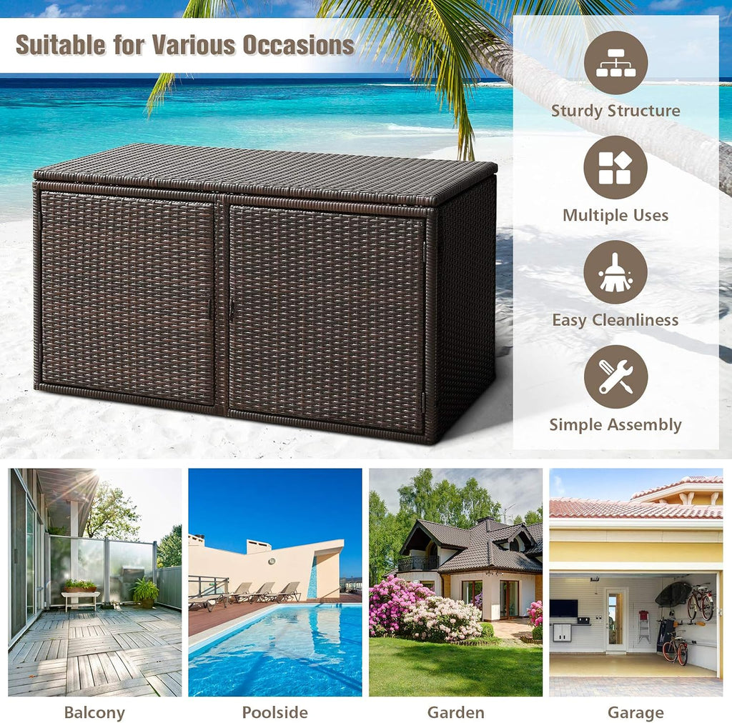 Giantex Rattan Deck Box 73 Gallon Wicker Storage Box W/Separate Storage Shelf, Openable Door, Steel Frame, Toys and Tools Organize for Yard, Garden, Balcony, Porch, Patio Rattan Storage Box (Brown)