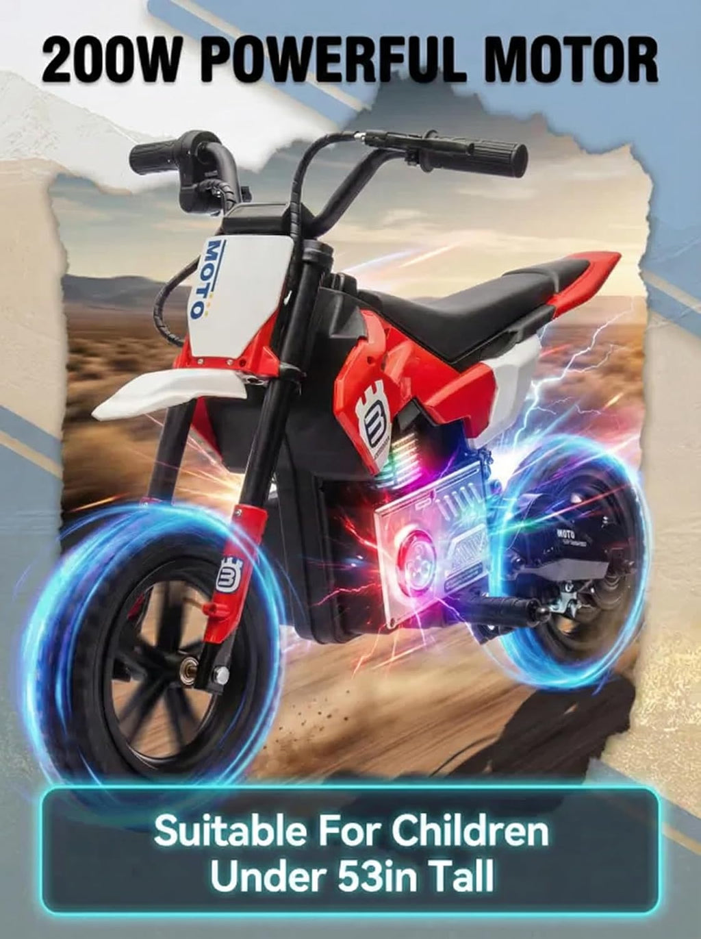 Electric Motorcycle for Kids Ages 5-10, 24V 200W Higher Speed Electric Dirt Bike, Kids Ride On Motorcycle with Rear Wheel Shock Absorber, LED Breath Light, Bluetooth, Music, Horn, Red