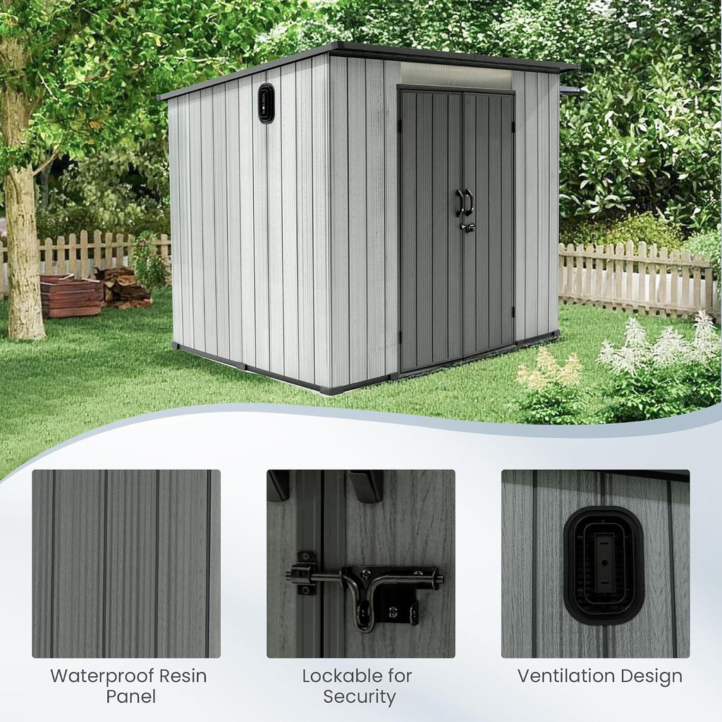 Domi 6x8FT Outdoor Resin Storage Shed, All-Weather Double-Wall Storage Building with Sloping Roof for Backyard, Garden, Lawn Tools, Mower, Bike & Pool Equipment, Lockable Doors, Ventilated Roof