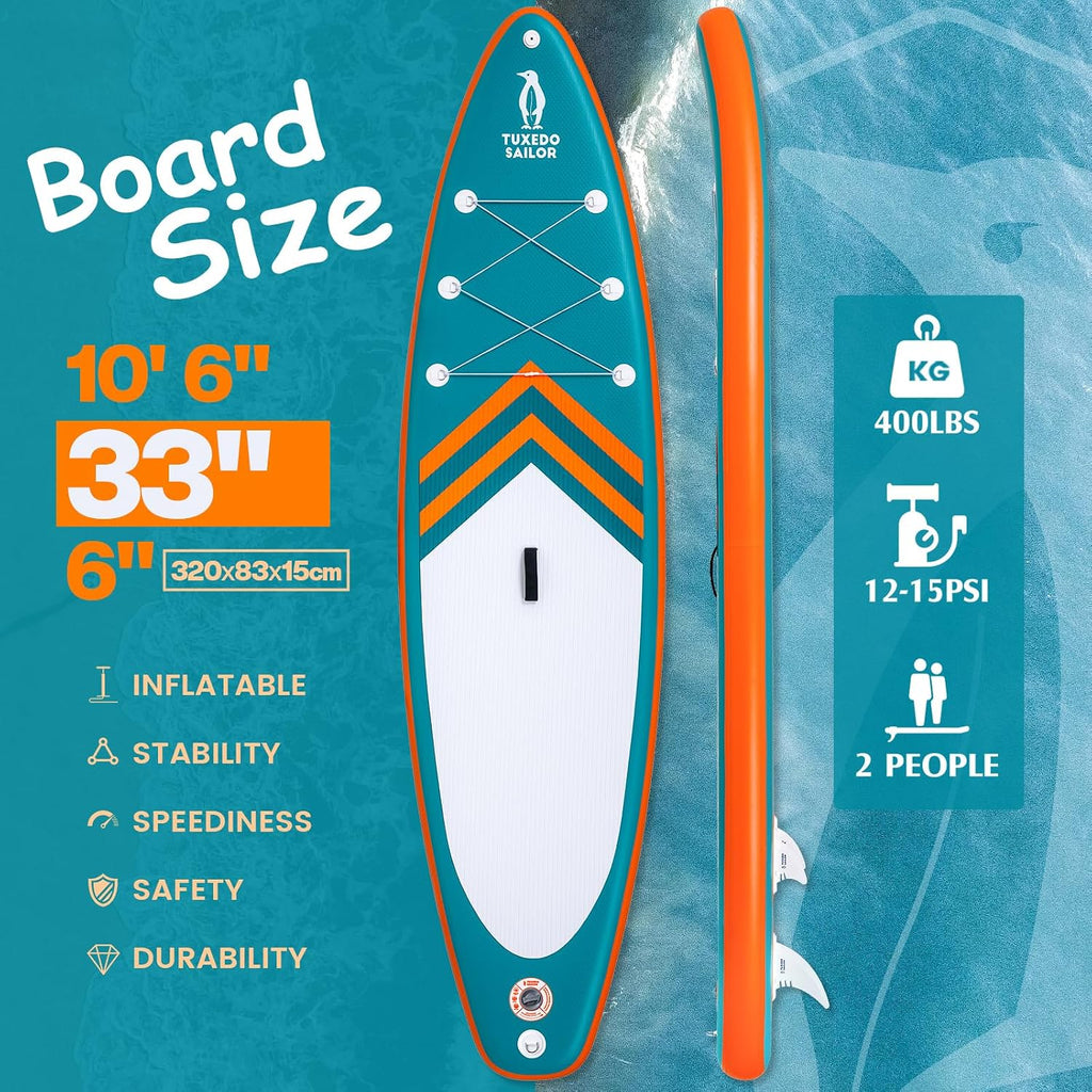 Tuxedo Sailor 10'6'/11' Inflatable Stand Up Paddle Board with SUP Accessories, Anti-Slip EVA Deck and Large Fin, Paddle Boards for Adults & Youth of All Skill Levels