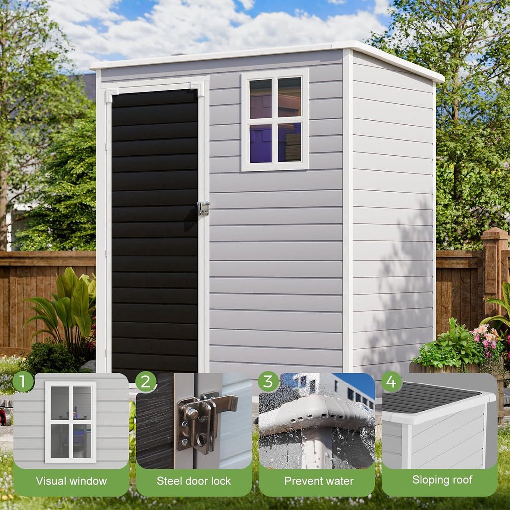 HUSFU Outdoor Resin Storage Shed 5x3 FT, Plastic Tool Shed for Bike, Garbage Can, Chicken Coop, Outside Sheds with Lockable Door for Backyard, Patio, Lawn, Light Grey