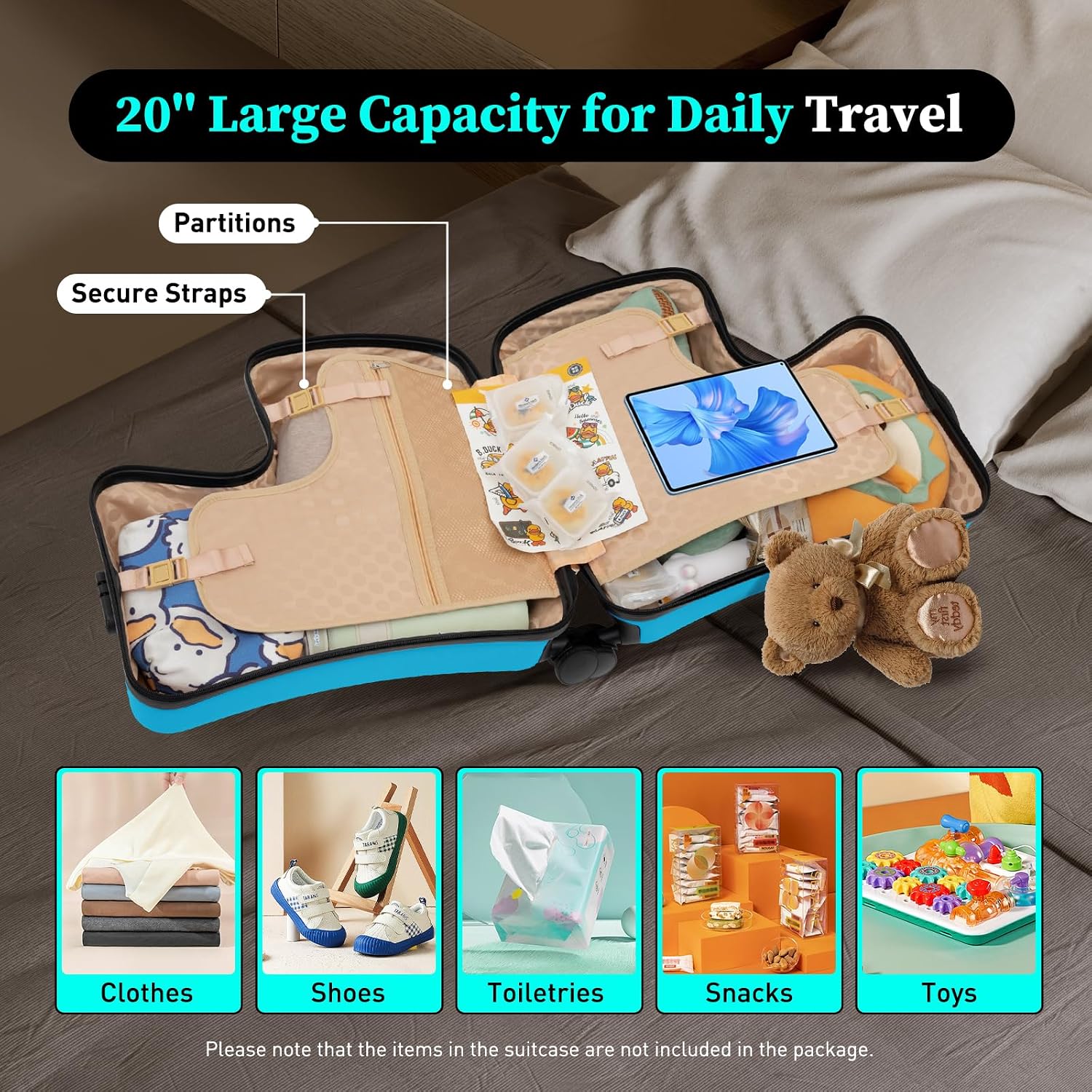 20Inch Kid Ride Suitcase, Kids Travel Suitcase with Lock & Safety Belt, Portable Children's Travel Trolley Case, Ride On Suitcase for Kids Aged 3-6 Years Old