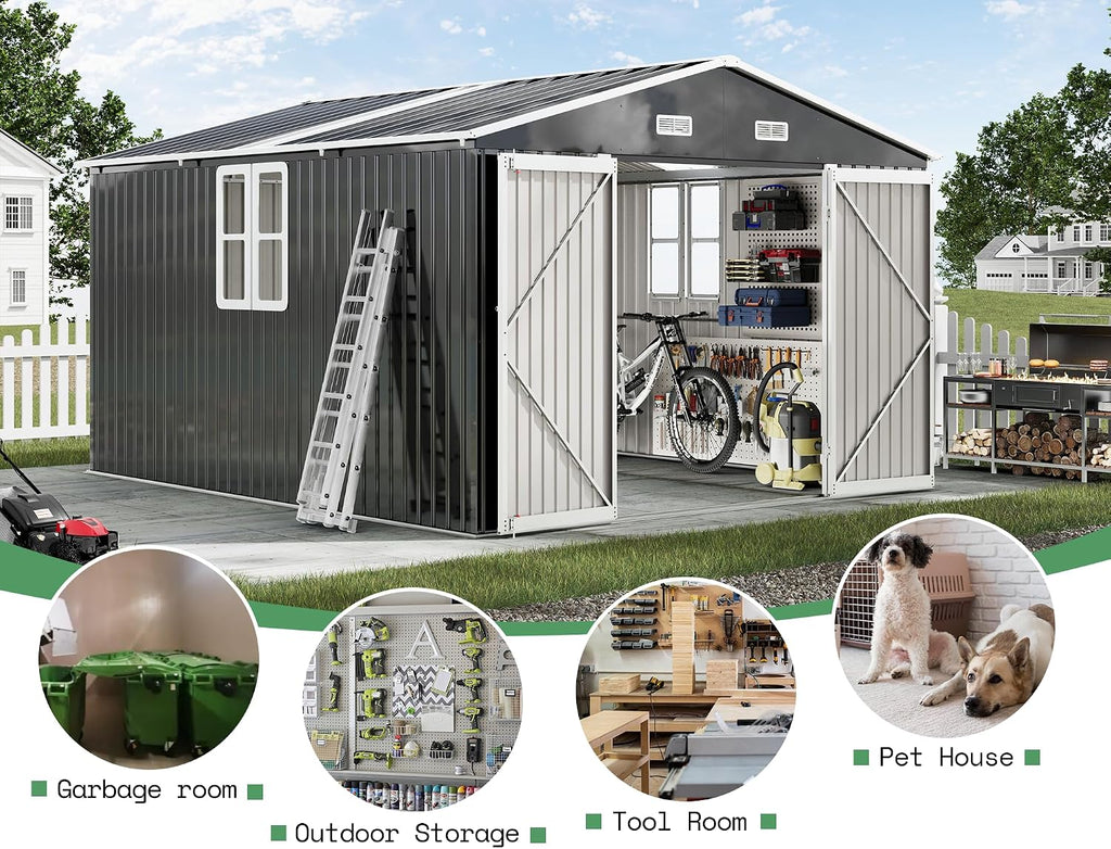 AMERLIFE 10x12x7 FT Outdoor Storage Shed with 2 Transparent Panels, Metal Garden Shed with Hinged Double Doors, 2 Windows & 4 Vents, Reinforced Steel Frame for Garden, Backyard, Dark Gray