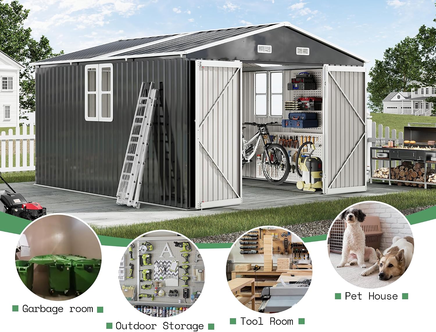 AMERLIFE 10x12x7 FT Outdoor Storage Shed with 2 Transparent Panels, Metal Garden Shed with Hinged Double Doors, 2 Windows & 4 Vents, Reinforced Steel Frame for Garden, Backyard, Dark Gray