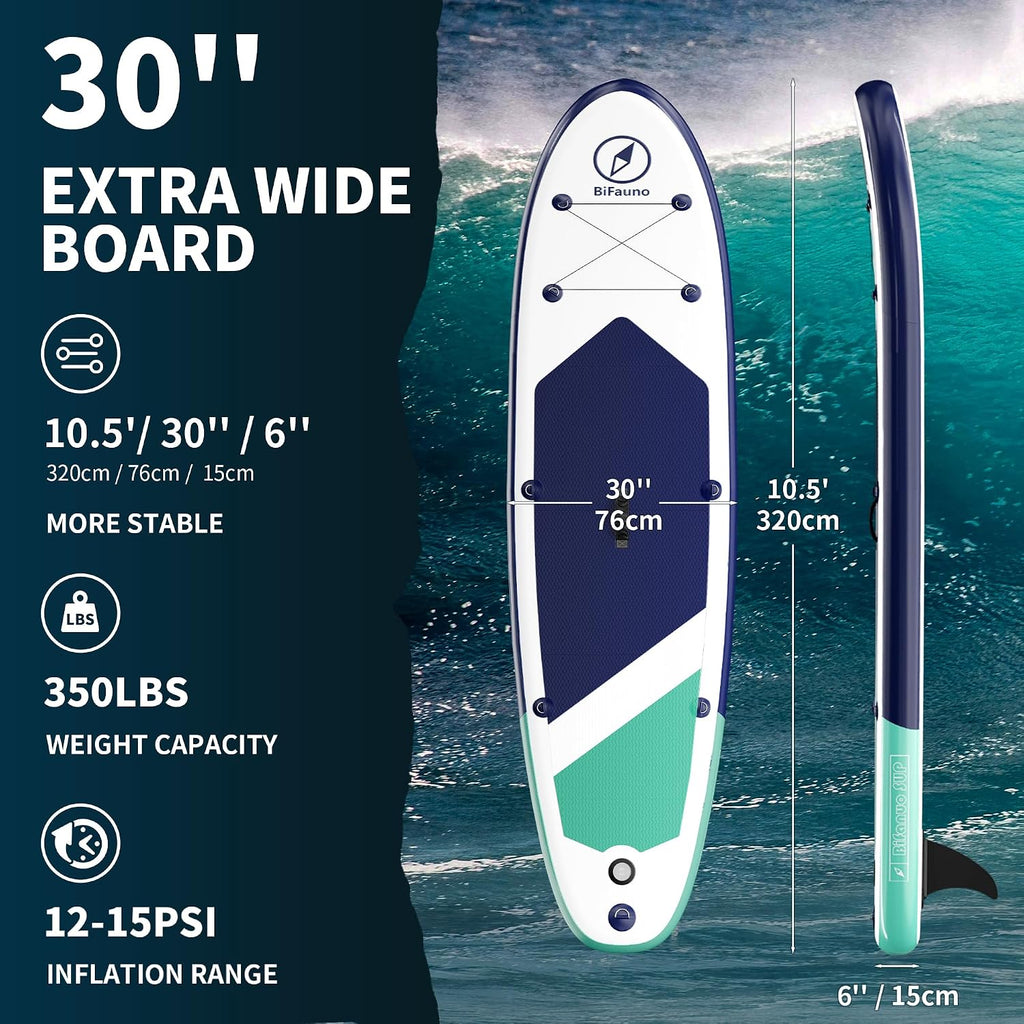 Bifanuo Inflatable Stand Up Paddle Board with SUP Accessories & Backpack. Paddle Boards for Adults. Non-Slip Deck, Wide Stance, Bottom Fin, Double Action Pump.
