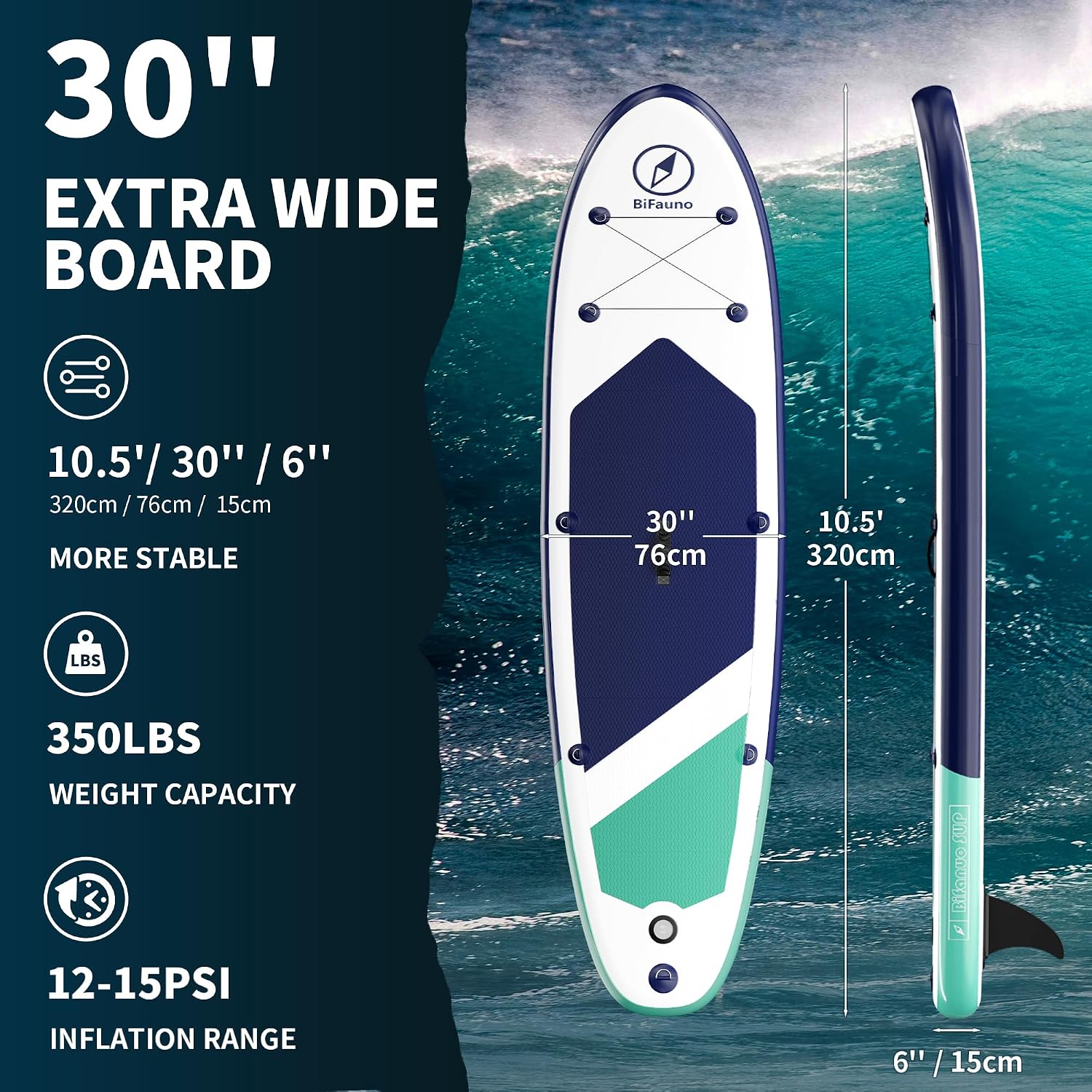 Bifanuo Inflatable Stand Up Paddle Board with SUP Accessories & Backpack. Paddle Boards for Adults. Non-Slip Deck, Wide Stance, Bottom Fin, Double Action Pump.