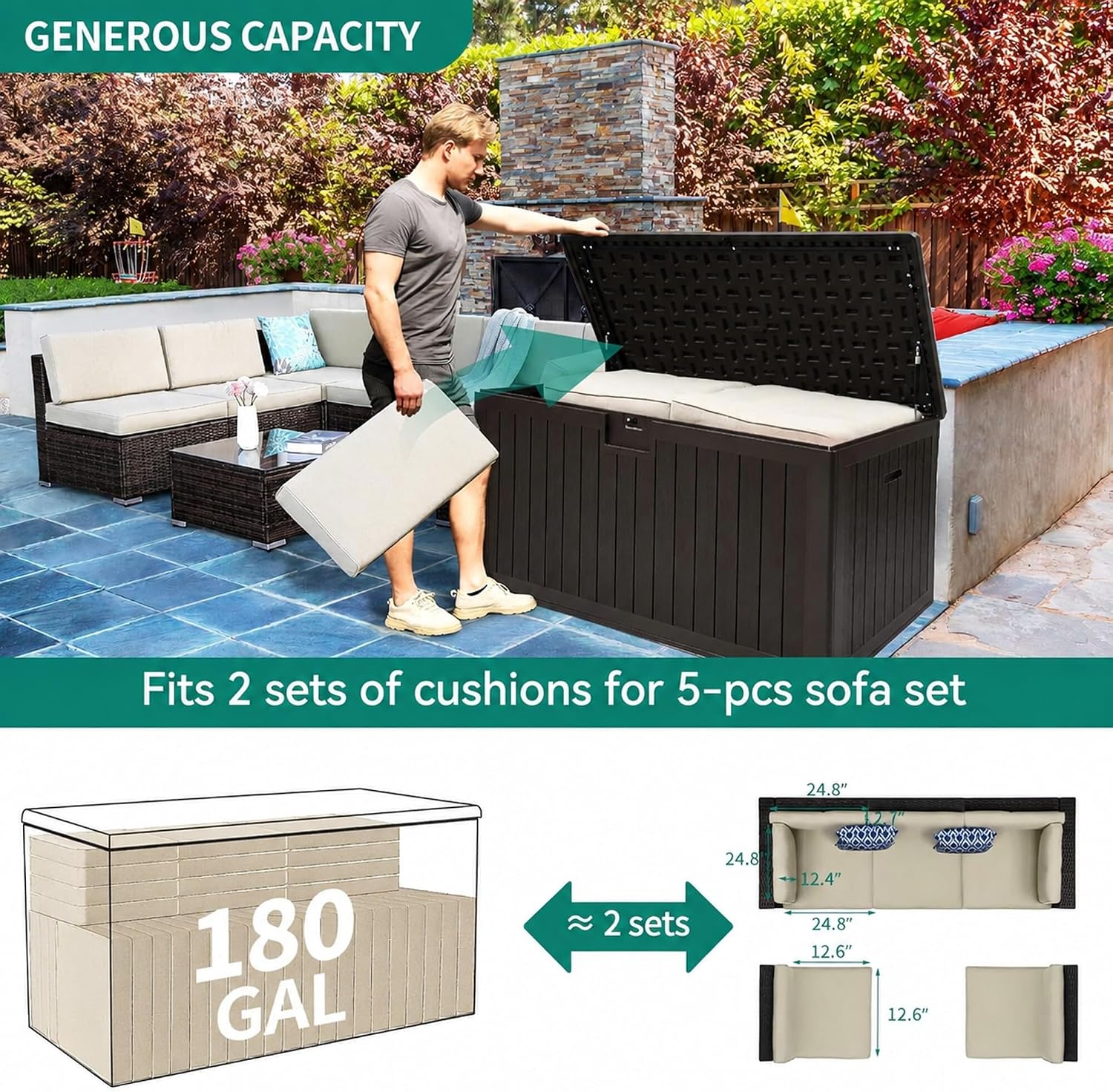 YITAHOME XL 180 Gallon Large Deck Box,Outdoor Storage for Patio Furniture Cushions,Garden Tools,Waterproof,Lockable (Black)