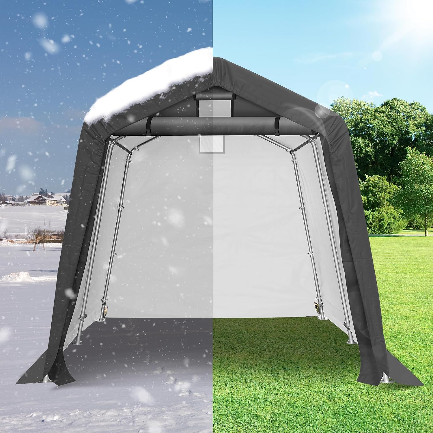 8x8 Ft Outdoor Storage Shelter, Waterproof Portable Storage Shed with Roll-up Zipper Door and Ventilated Windows for Motorcycle, Bike, Tools