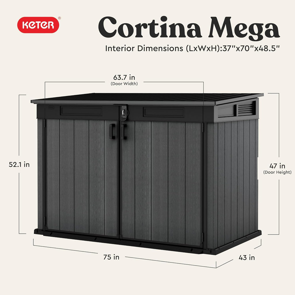 Keter Cortina Mega All‑Weather Outdoor Resin Horizontal Storage Shed with Lockable Doors, Garbage Bin & Yard Equipment Storage, Durable Patio Storage Cabinet, Graphite