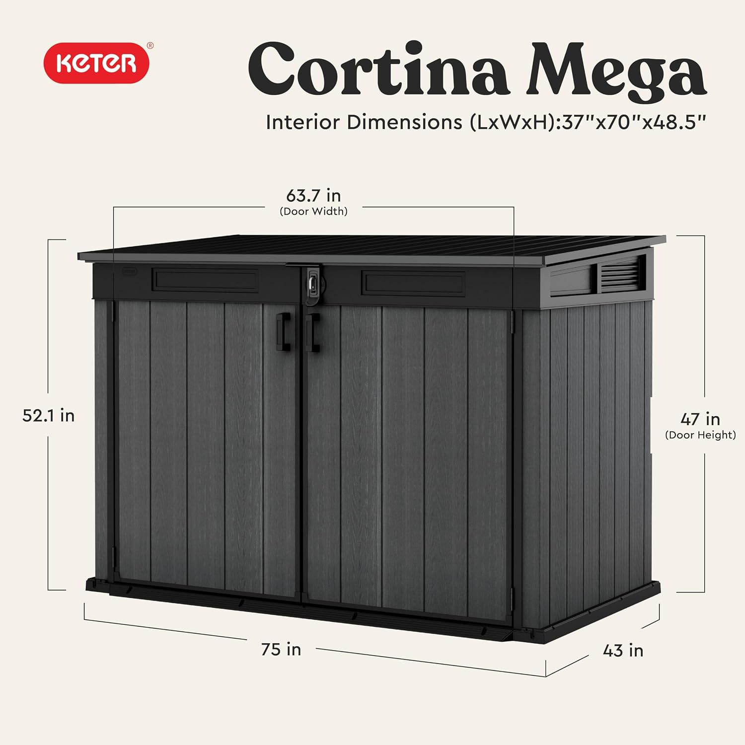 Keter Cortina Mega All‑Weather Outdoor Resin Horizontal Storage Shed with Lockable Doors, Garbage Bin & Yard Equipment Storage, Durable Patio Storage Cabinet, Graphite