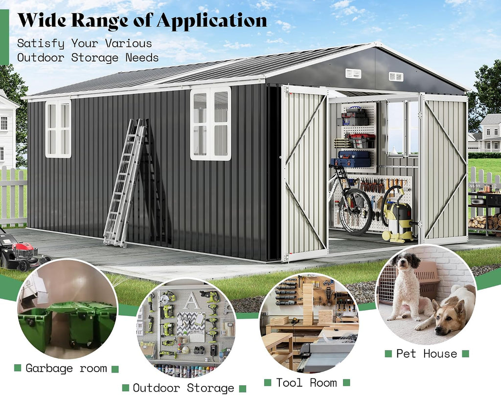AMERLIFE 10x16x7 FT Outdoor Storage Shed with 2 Transparent Panels, Metal Garden Shed with Hinged Double Doors, 4 Windows & 4 Vents, Reinforced Steel Frame for Backyard, Garden, Dark Gray