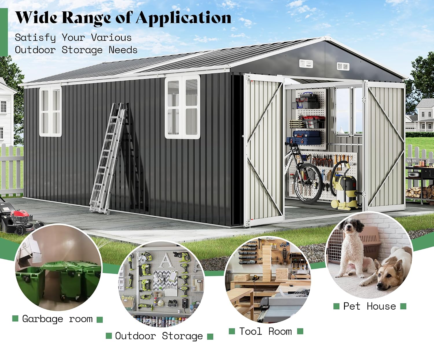 AMERLIFE 10x16x7 FT Outdoor Storage Shed with 2 Transparent Panels, Metal Garden Shed with Hinged Double Doors, 4 Windows & 4 Vents, Reinforced Steel Frame for Backyard, Garden, Dark Gray