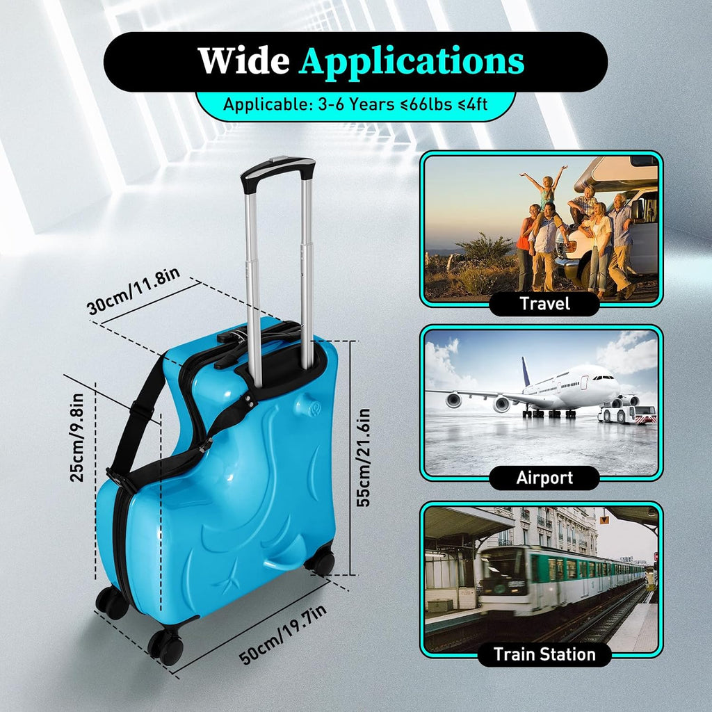 20Inch Kid Ride Suitcase, Kids Travel Suitcase with Lock & Safety Belt, Portable Children's Travel Trolley Case, Ride On Suitcase for Kids Aged 3-6 Years Old