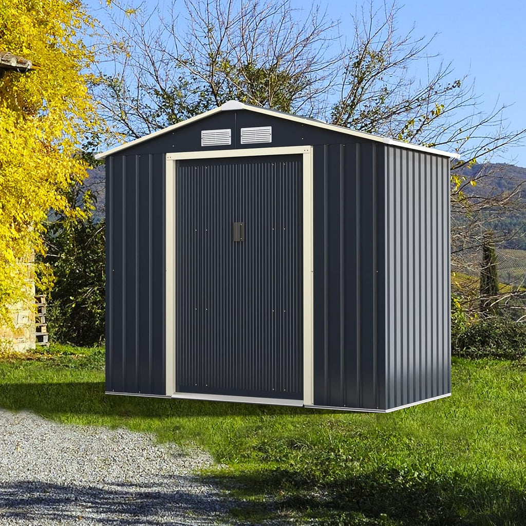 Goplus Storage Shed, Metal 7' X 4' Outdoor Building Organizer with 4 Vents & Double Sliding Door for Garden Backyard Farm (7'X4')