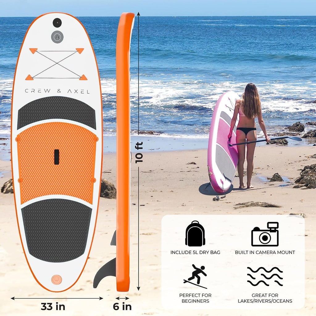 Crew Axel Inflatable Paddle Board 10'33'6' Extra Wide & Lightweight (18lb) Paddle Board – Premium SUP Set Includes 2 Bags, Floating Paddle, Camera Mount, 3 Fins, Dual Pump Kit