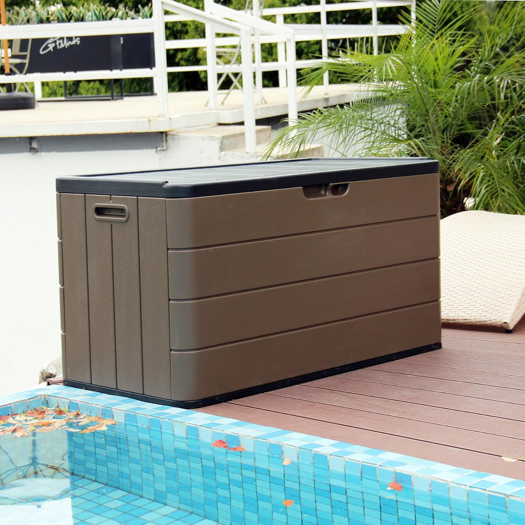 Mrosaa Resin Deck Storage Box, 85 Gallon Outdoor Storage Box Waterproof for Garden Storage,Patio and Backyard, Lockable Brown Color