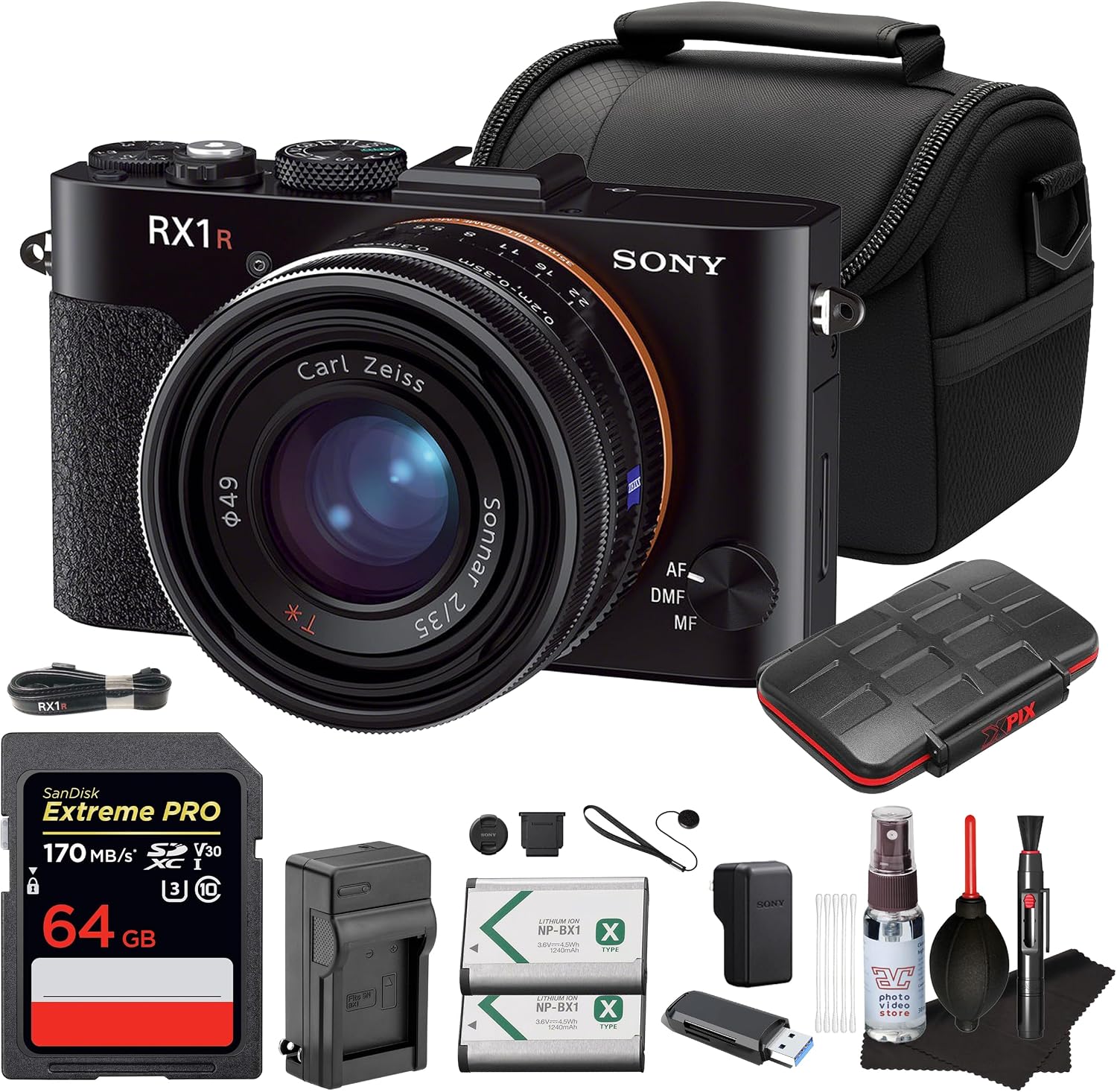 Sony Cyber-Shot DSC-RX1R Digital Camera – Full-Frame 24.3MP Camera with Fixed 35mm f/2 Zeiss Lens – for Travel, Street Photography & Portraits | 64GB Memory Card | Replacement Battery | Bag | More