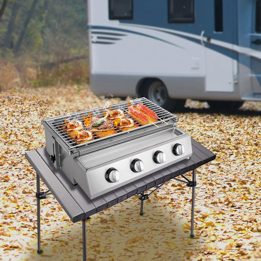 Gas BBQ Grill Stainless Steel Outdoor Camp Picnic Barbecue Shish Kabob 4 Burner Griddle Flat Top Grill Portable Barbecue Grill Countertop Smokeless Grill Non-Stick Cooking Removable Grill Baking