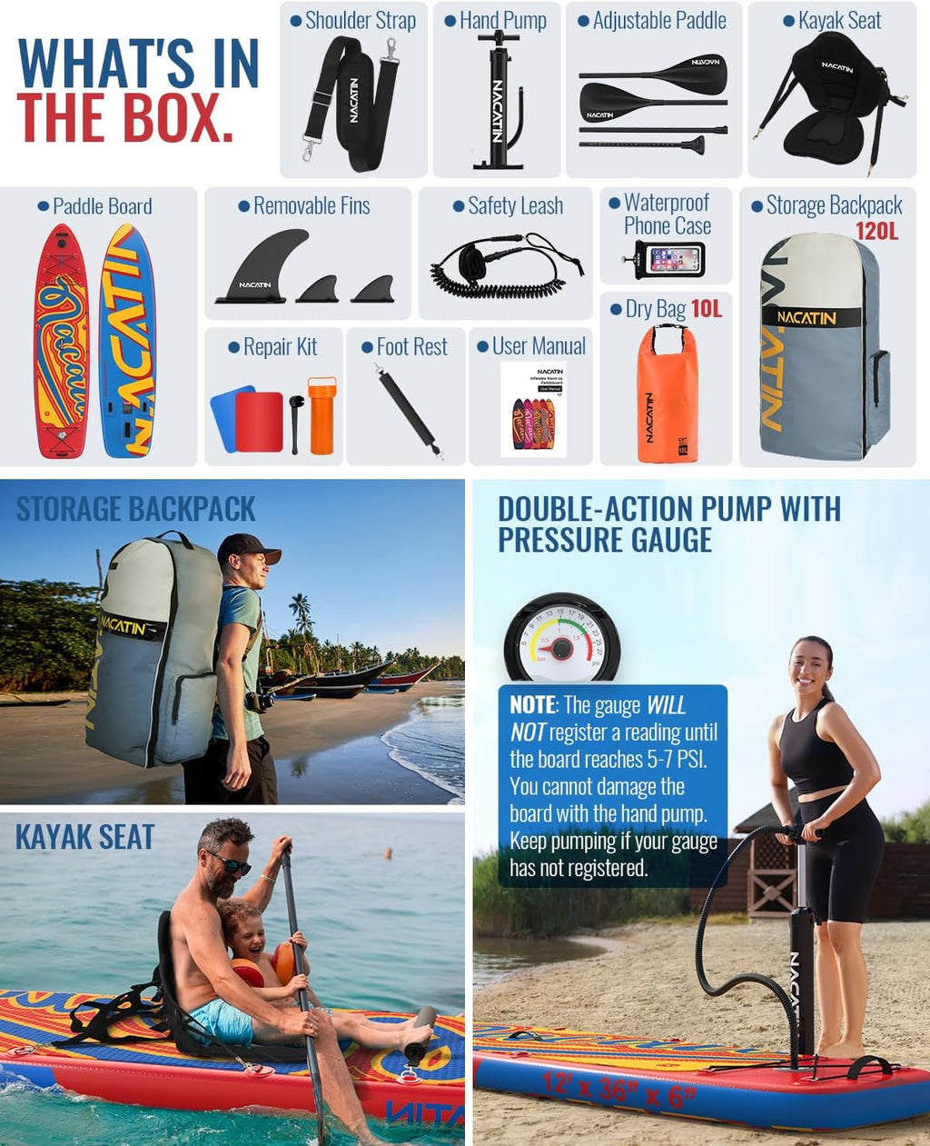 NACATIN 12'/366cm Extra Large Inflatable Stand Up Paddle Board with Seat, Wide 36'/91cm SUP Board for Adults & Family, with Single/Double Paddle, Kayak Seat, Pump, Stable Wide Deck for Beginners