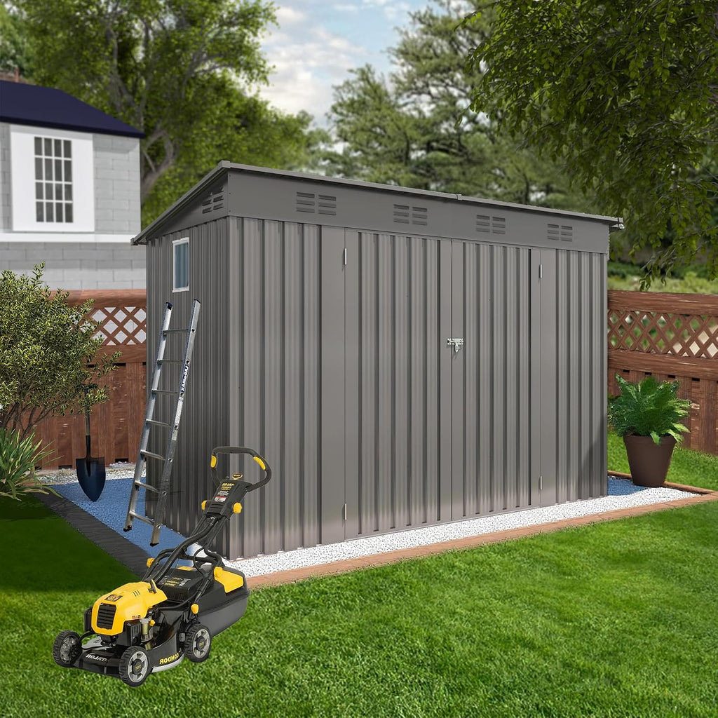 YOPTO 4x9 FT Outdoor Storage Shed,Metal Shed W/Window,Garden Storage Shed W/ 6 Air Vents & 2 Swing Doors,Weatherproof Tool House W/Sloped Roof,for Backyard Patio Lawn,Gray