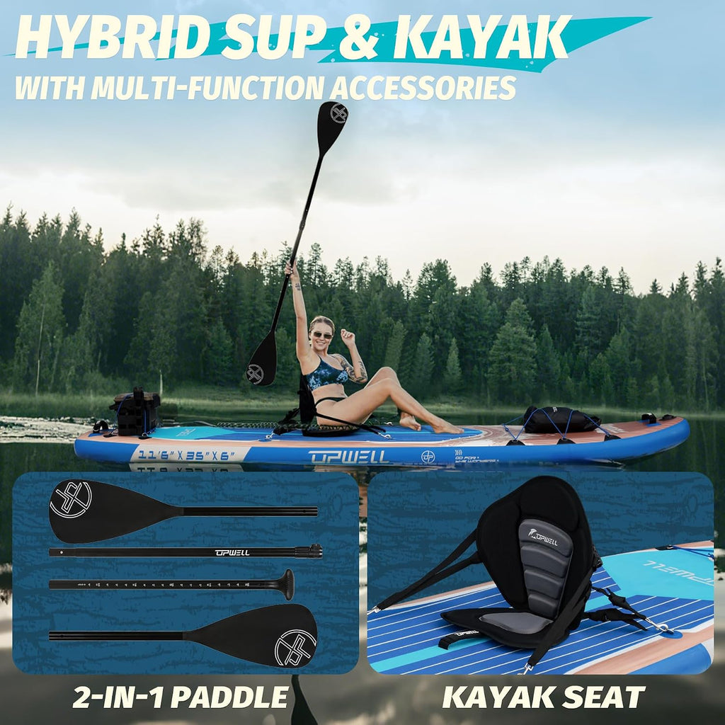 UPWELL 10'6'/11'/11'6' Inflatable Paddle Board, Stand Up Paddlboard for Youth & Adults, Stable Design, Premium SUP Accessories, Backpack, Leash, Hand Pump, Fins