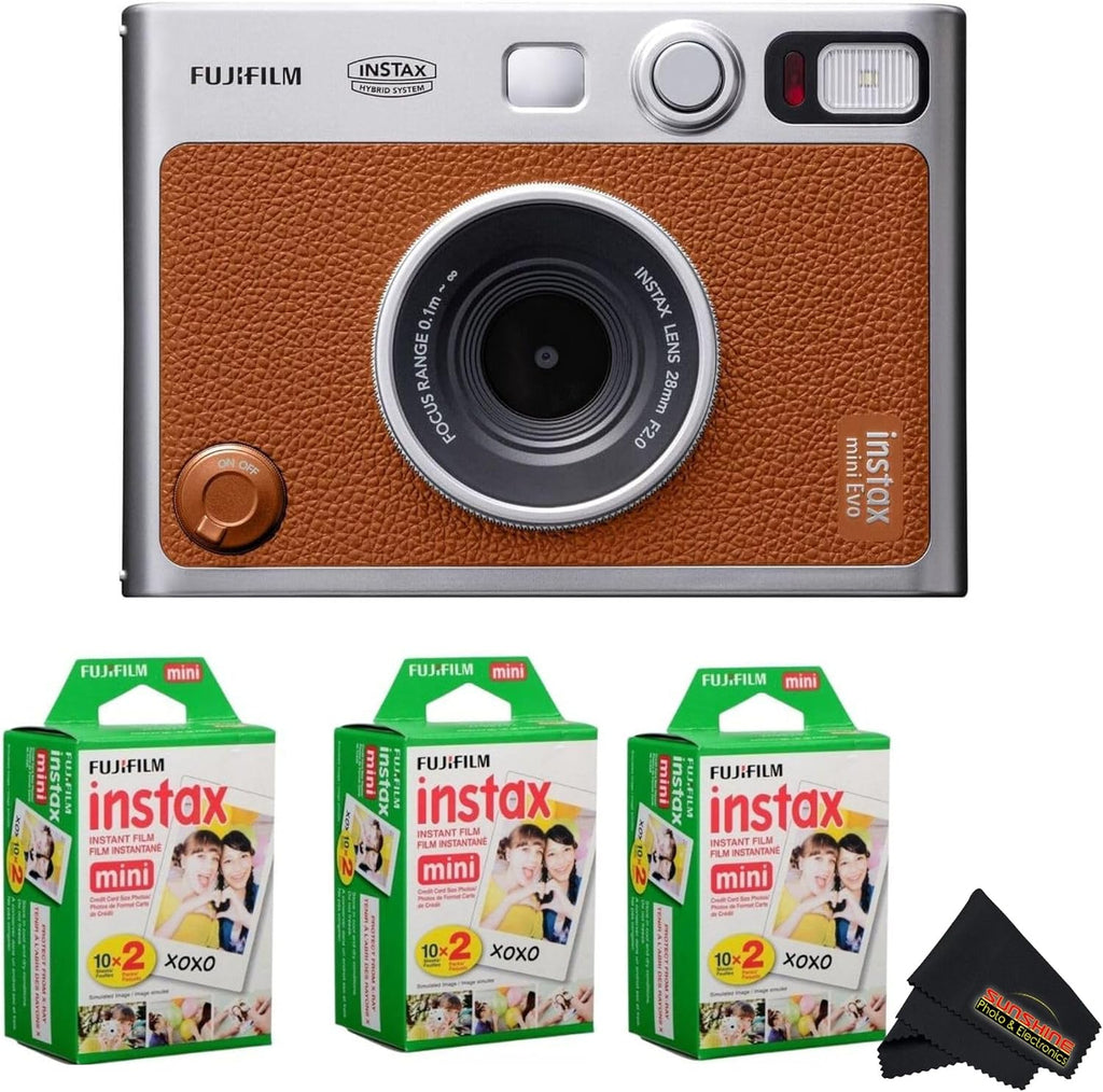 Fujifilm Instax Mini EVO Instant Camera with Sunshine Photo Microfiber Cleaning Cloth (Camera + 3 Twin Packs, Brown)