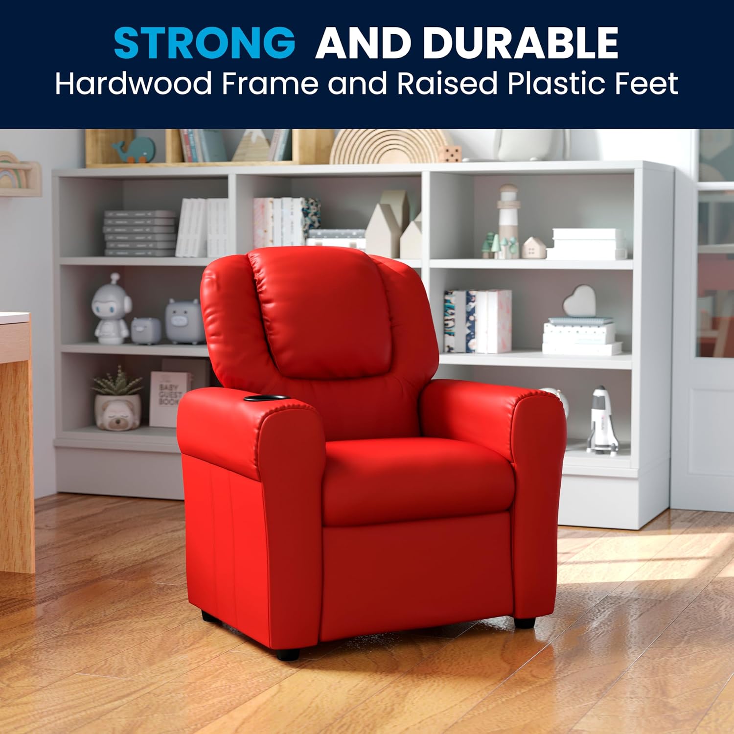 Flash Furniture Vana Vinyl Kids Recliner with Cup Holder, Headrest, and Safety Recline, Contemporary Reclining Chair for Kids, Supports up to 90 lbs., Red
