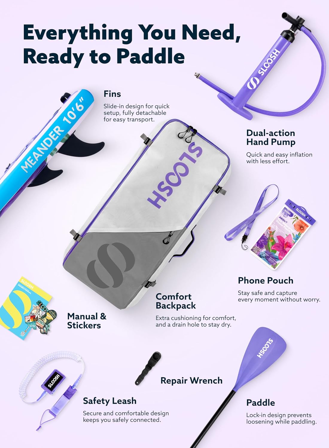 SLOOSH Inflatable Stand Up Paddle Board, 10'6' Inflatable Paddle Boards with Premium Accessories, Non-Slip EVA Deck, Ultra-Light Carry Bag Pump, Meander SUP for Youth & Adults