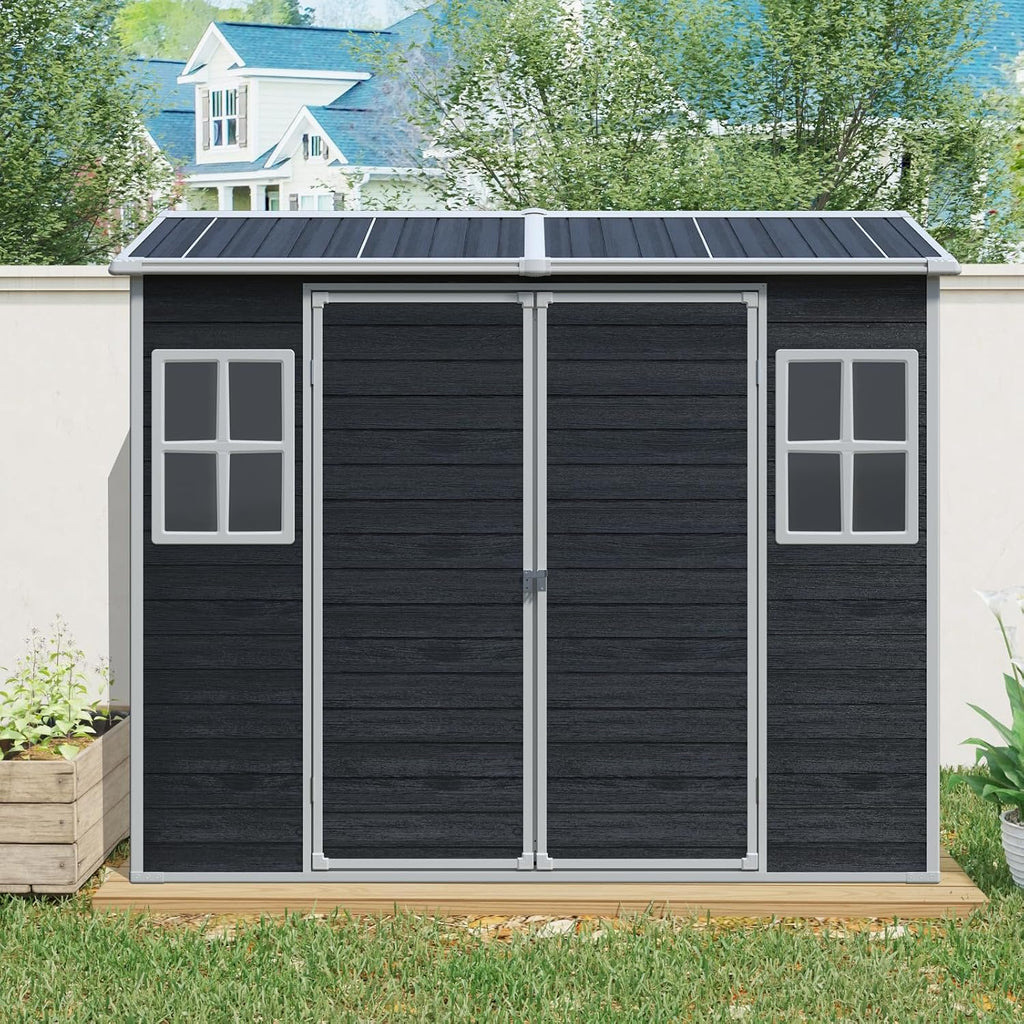 8 x 4 FT Outdoor Storage Shed, Outdoor Resin Shed with Two-Window and Double-Door, Plastic with Floor for Gargen, Patio, Yard, Lawn (Black)