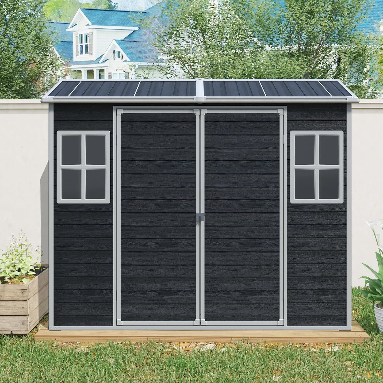 8 x 4 FT Outdoor Storage Shed, Outdoor Resin Shed with Two-Window and Double-Door, Plastic with Floor for Gargen, Patio, Yard, Lawn (Black)