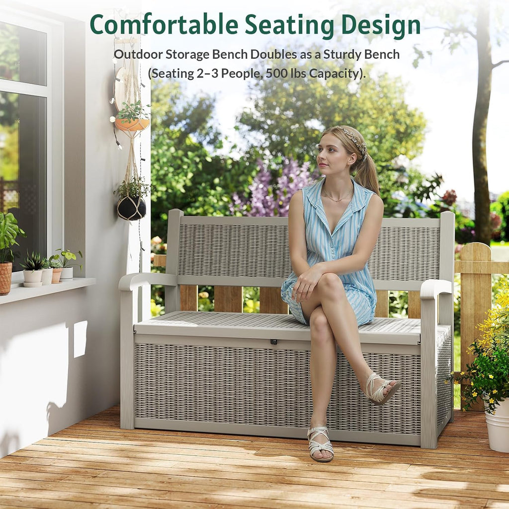 Skepphlay 70 Gallon Storage Bench Deck Box,Patio Storage Benches with Armrest, Lockable Bench Outside, Waterproof for Pool Patio Garden (Grey)