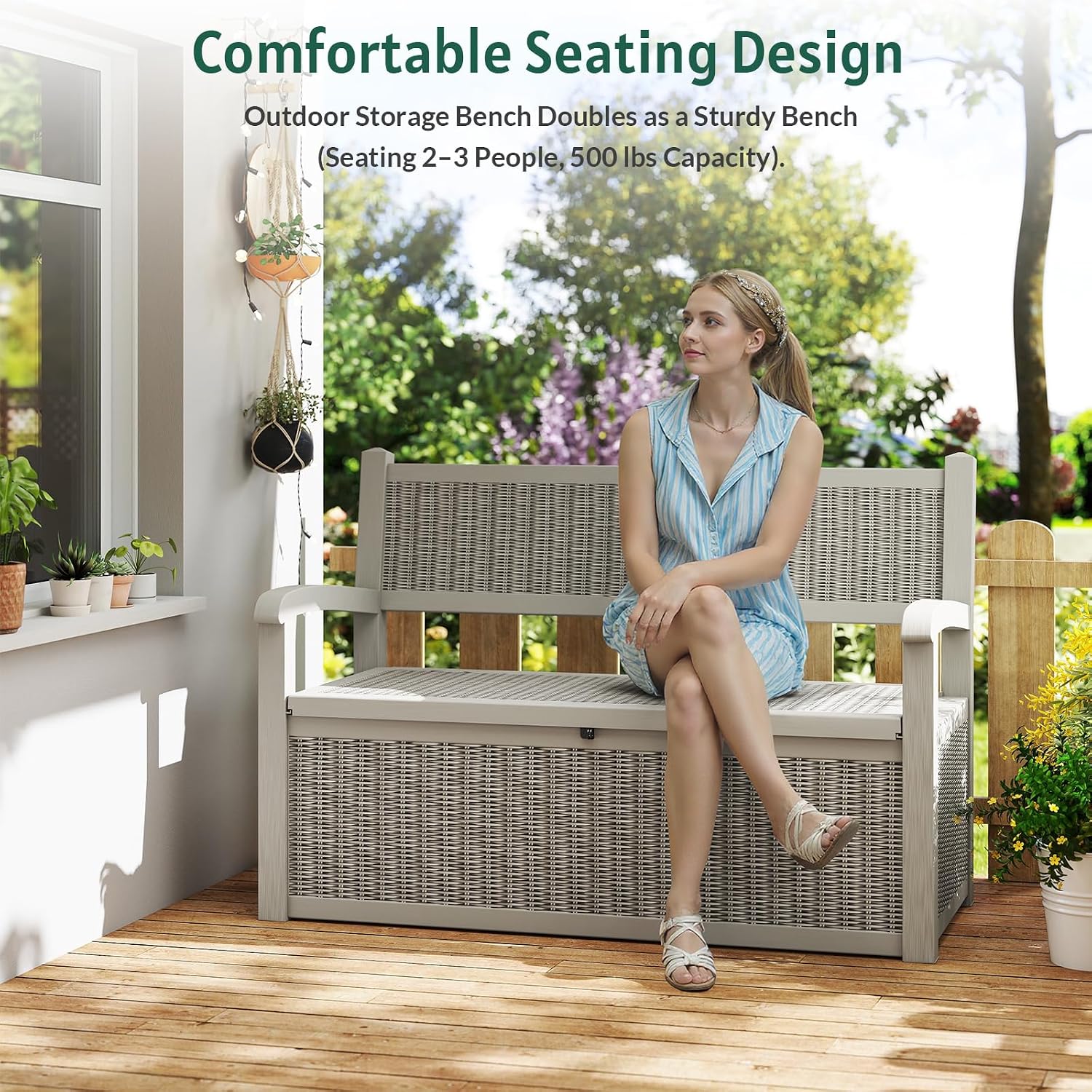 Skepphlay 70 Gallon Storage Bench Deck Box,Patio Storage Benches with Armrest, Lockable Bench Outside, Waterproof for Pool Patio Garden (Grey)