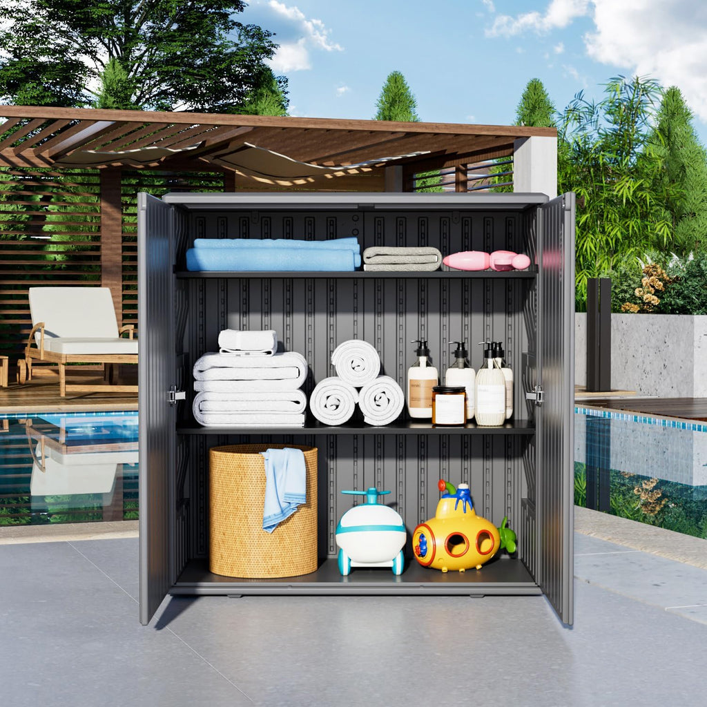 KINYING Outdoor Storage Cabinet Waterproof, Resin 62 Gallon Deck Box for Patio Furniture Cushions, Garden Tools, Pool Tools and Kids' Toys (Grey with 1 Shelving)