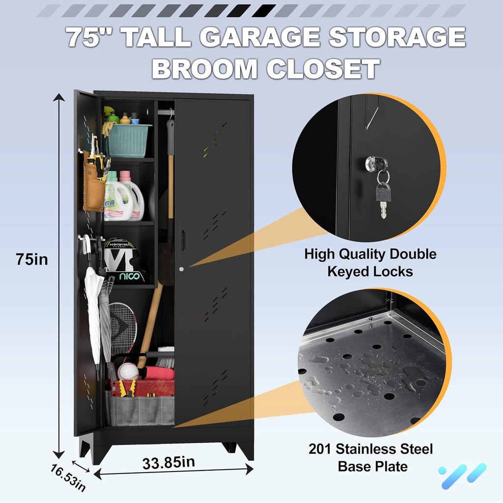 VASAAOSD Metal Garage Storage Cabinet, 75' Cleaning Tool Cabinet with Hooks and Hanging Rods, Heavy Duty Garden Tool Organizer, Broom Cabinets for Home, Garage, Laundry Room, Gym, Workshop