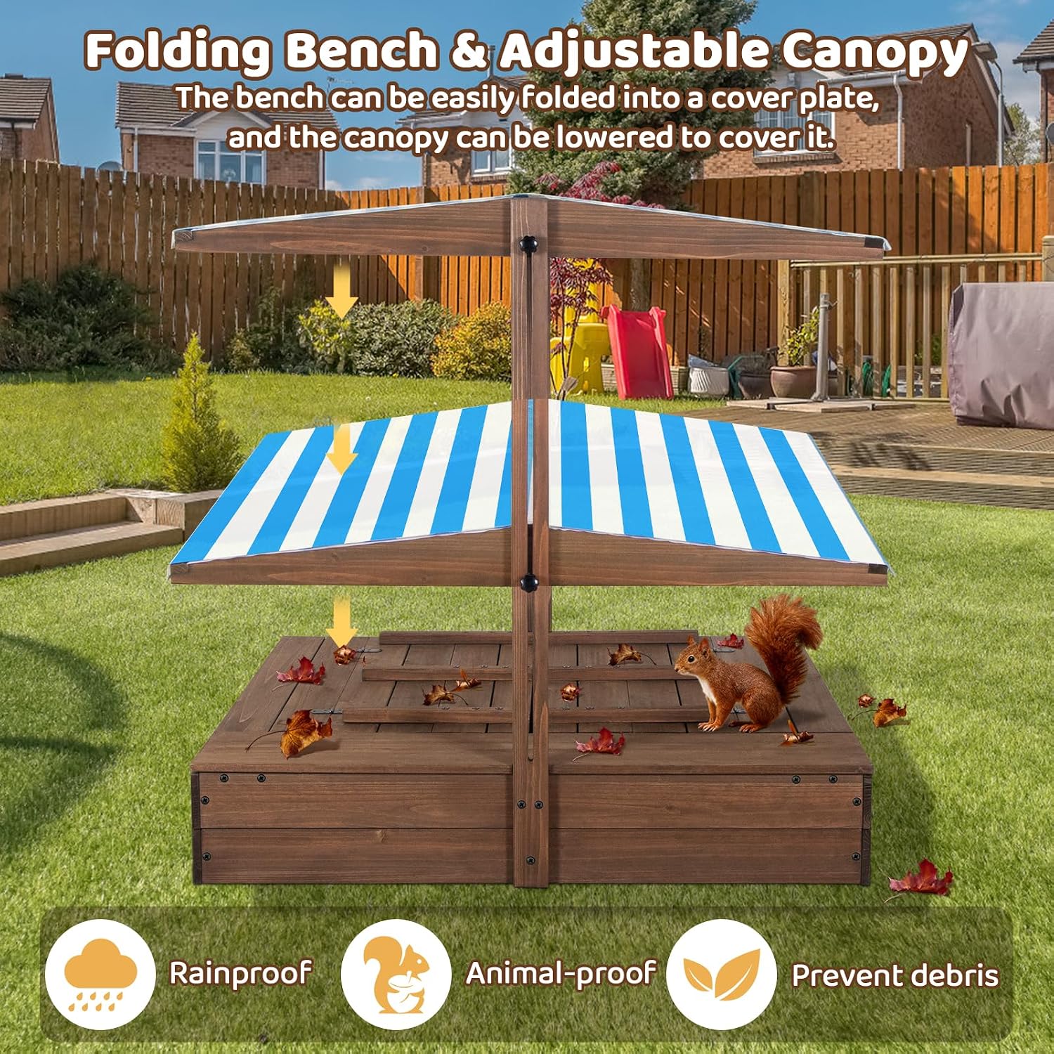 Kids' Outdoor Wooden Sandbox with Id,Sand Box with Toy Storage Box,Kids Play Equipment Sand Protection Bottom Liner Included 47X47in. (Brown)