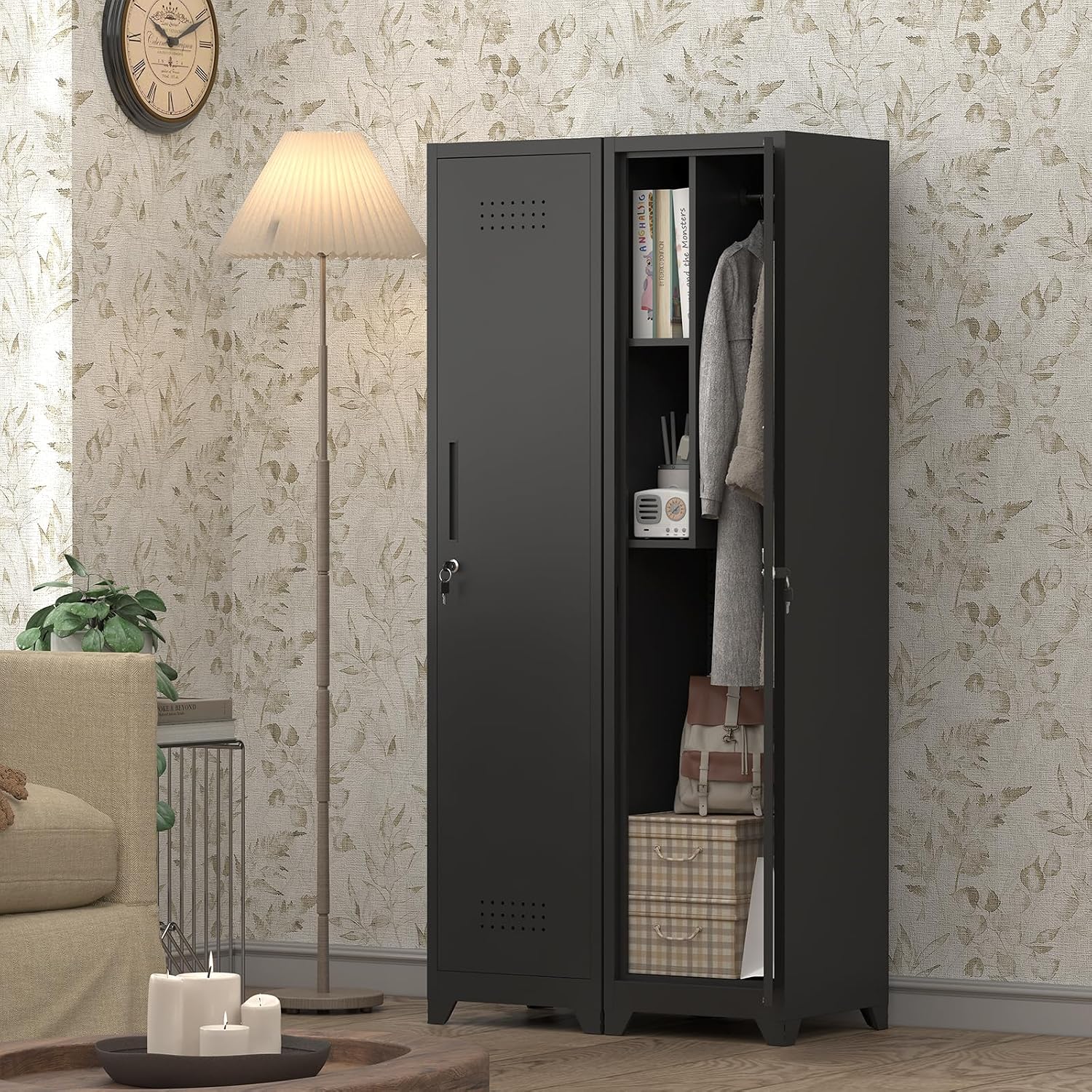 IRONFFICE Metal Utility Closet with Hanging Rod,Narrow Broom Closet with Door,Slim Laundry Storage Cabinet for Bathroo,Gym,Living Room,Black