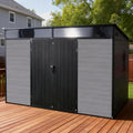 10x7ft Lean to Shed with Floor, Resin Storage Shed with Window and Lockable Door, Plastic Garden Shed for Backyard Patio and Outdoor Tool Storage (Black+Grey)