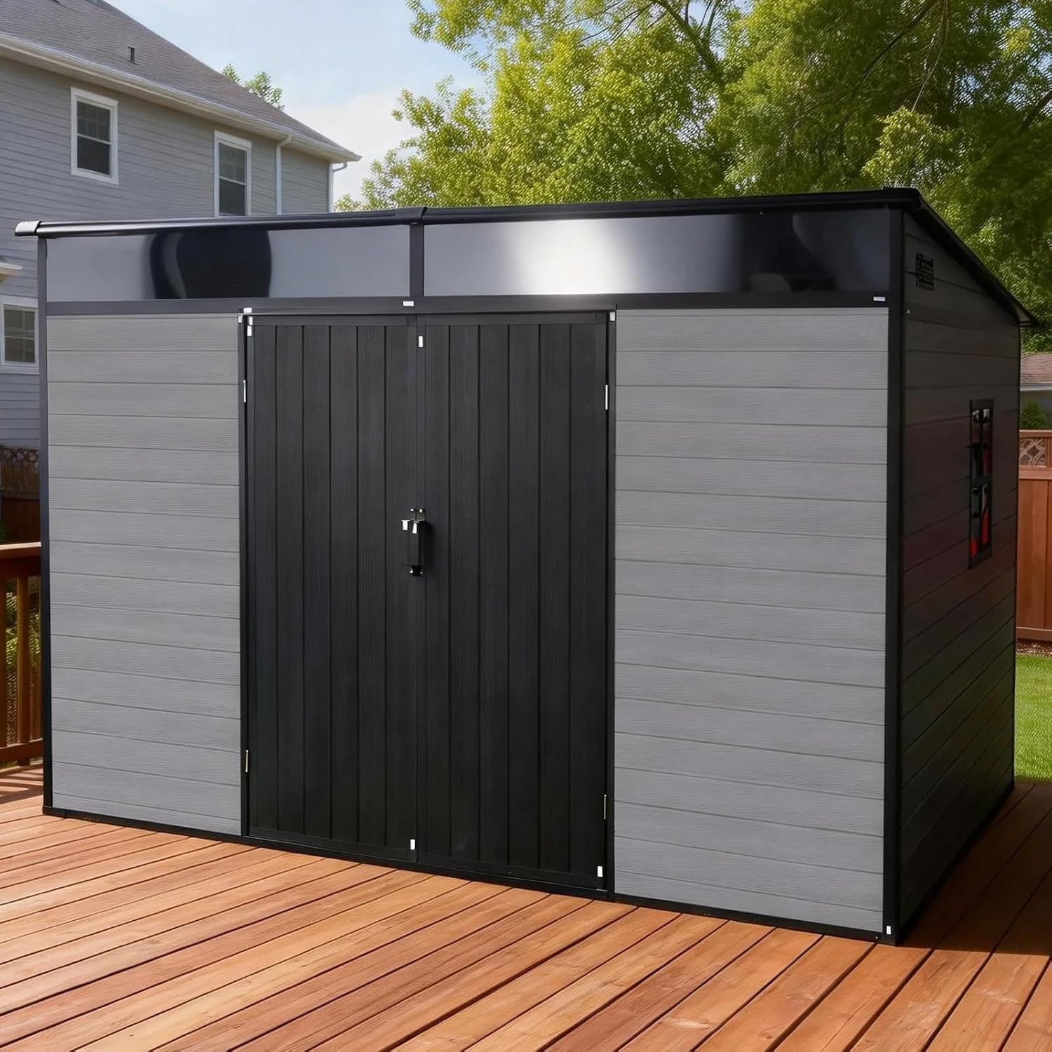 10x7ft Lean to Shed with Floor, Resin Storage Shed with Window and Lockable Door, Plastic Garden Shed for Backyard Patio and Outdoor Tool Storage (Black+Grey)